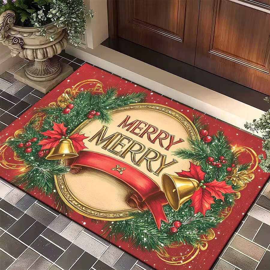 Christmas Door Mat with Santa, Reindeer and Ornaments | Festive Xmas Welcome Rug for the Porch | Holiday Entrance Decor