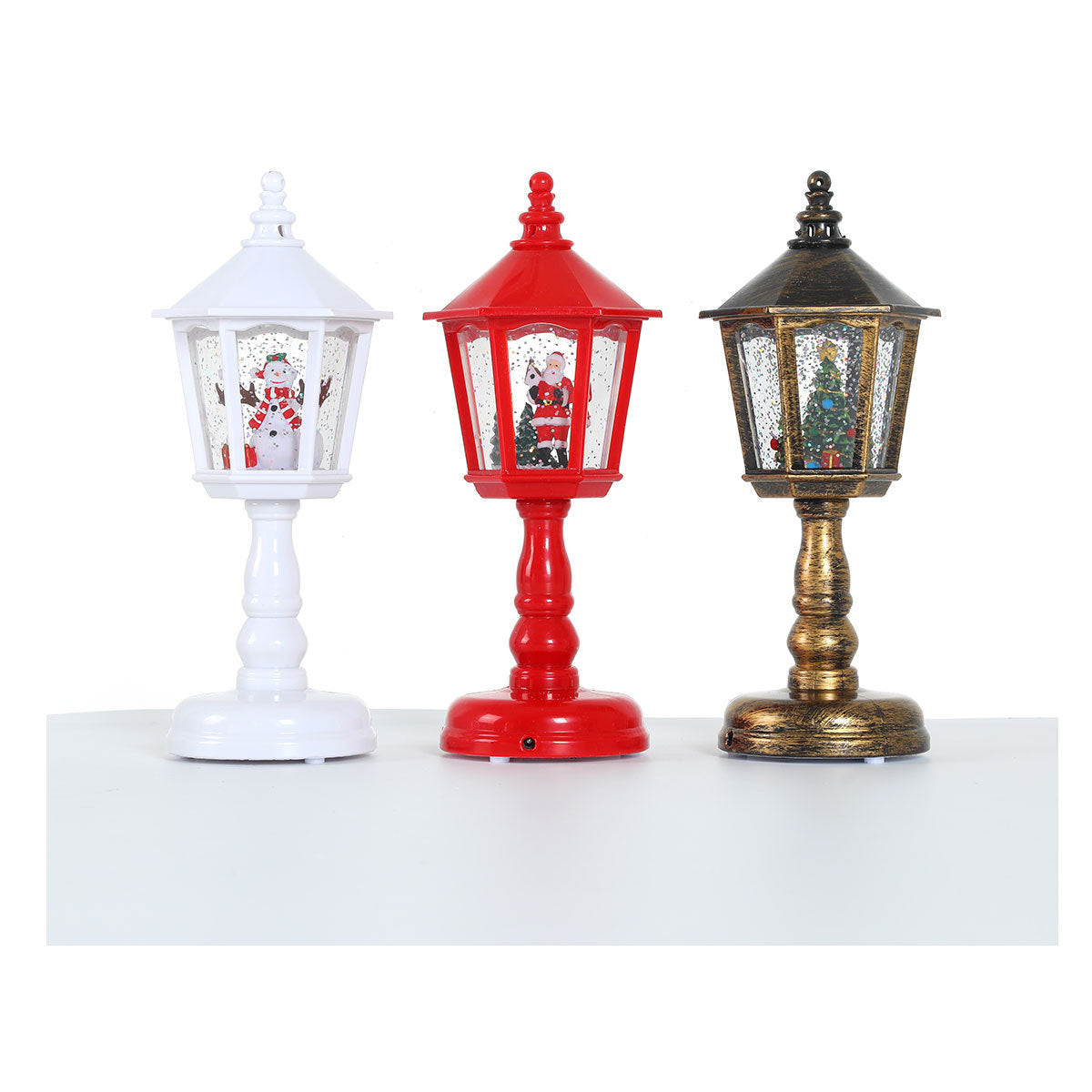 Street Lamp Lantern with Christmas Lights | Santa Figure Inside, in Red or White | Indoor and Outdoor Tabletop Decor