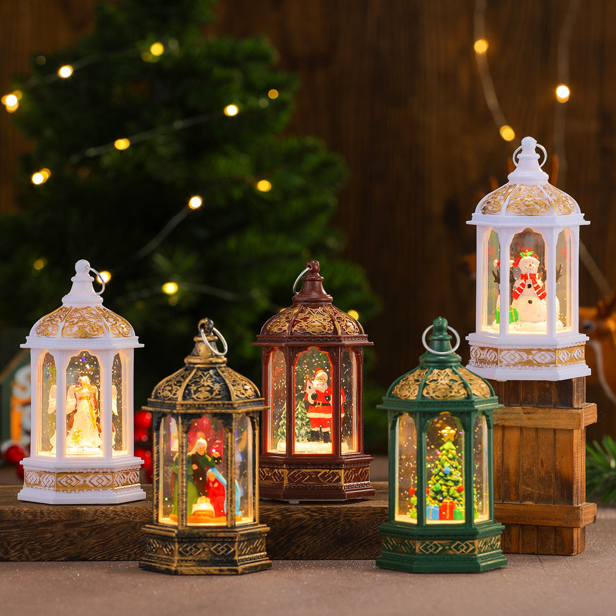 Ornate Christmas Lanterns with a Painted Holiday Figure Inside | Soft LED Light, Just Add Batteries | Cozy Accent for Any Room