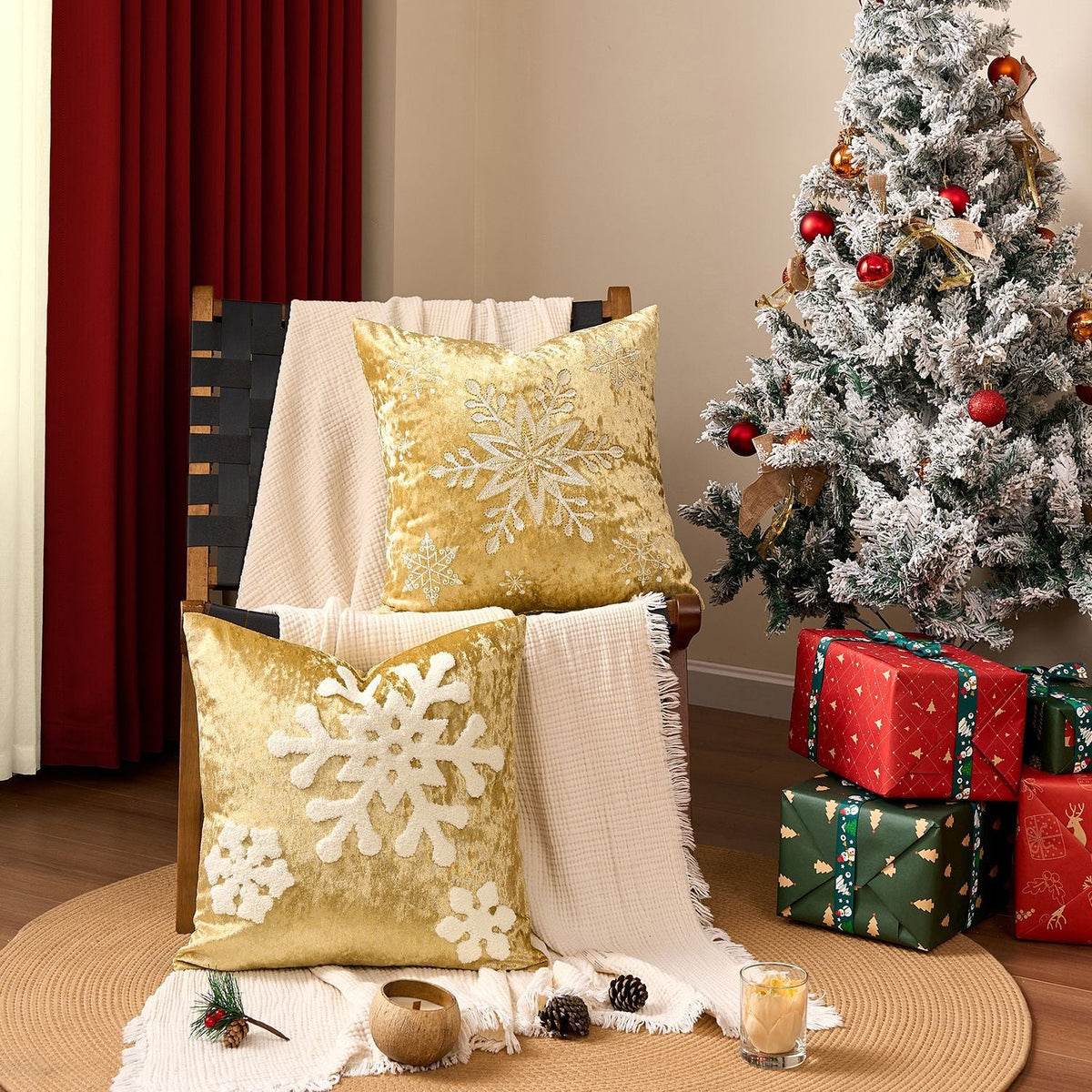 Crushed Velvet Christmas Throw Pillow with Reindeer Applique | Hidden Zipper, Washable Cover | Festive Living Room Decorations