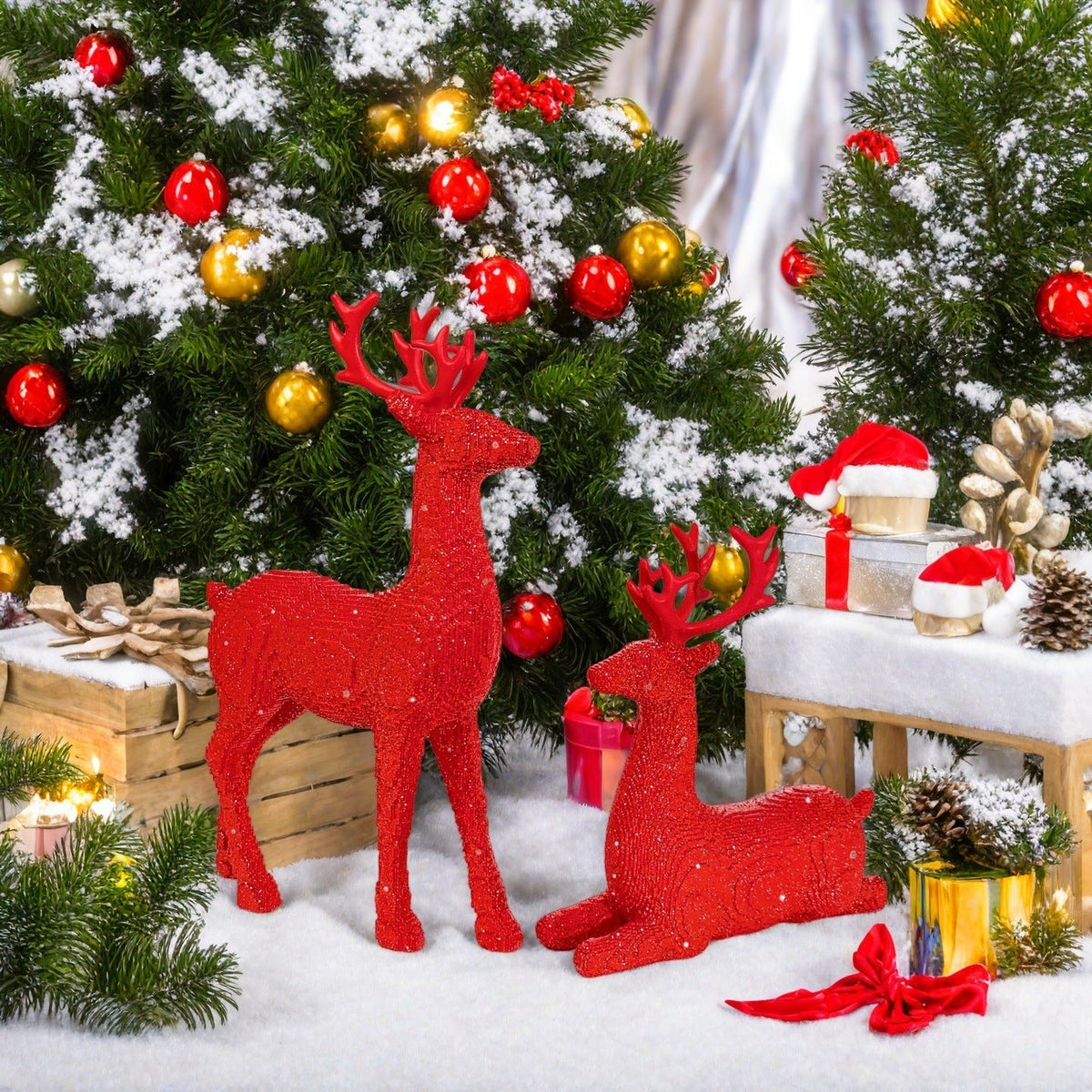 Reindeer Christmas Figurine Set of Two in Glitter Resin | 30 cm and 15.5 cm Tall Deer Decor | Silver, Red or Gold