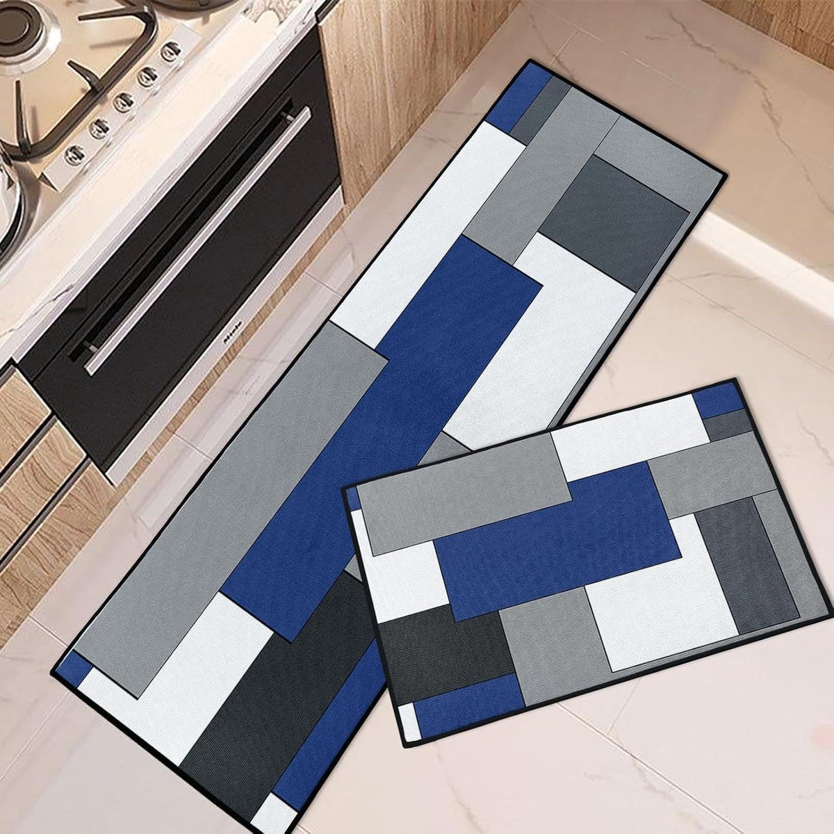 Geometric Kitchen Rug Set with Color Block Print | Non-Slip Runner and Mat for Sink and Stove | 5 Designs