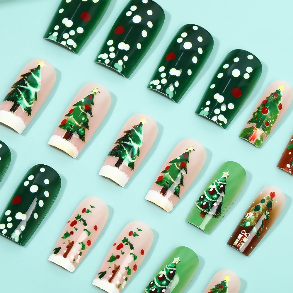 Xmas Nails with Christmas Tree Design | Press On Nail Kit with File Included | Easy Festive Manicure for Winter Parties