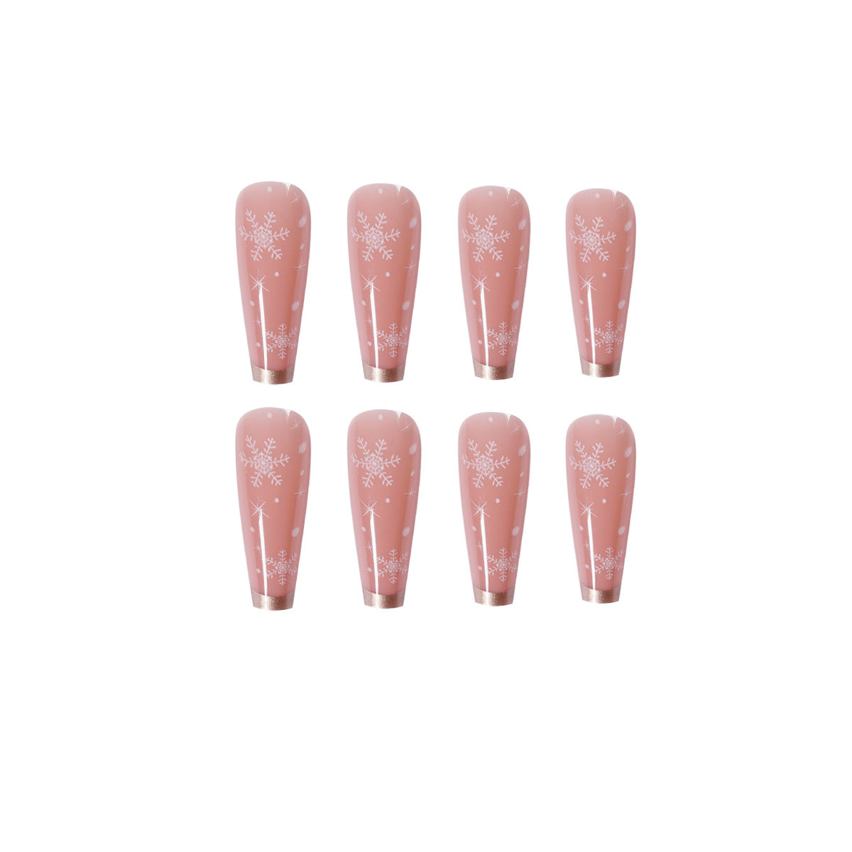 Snowflake Christmas Press-On Nails in Sheer Nude Pink | Long Coffin Tips with White Detail | Salon Look at Home