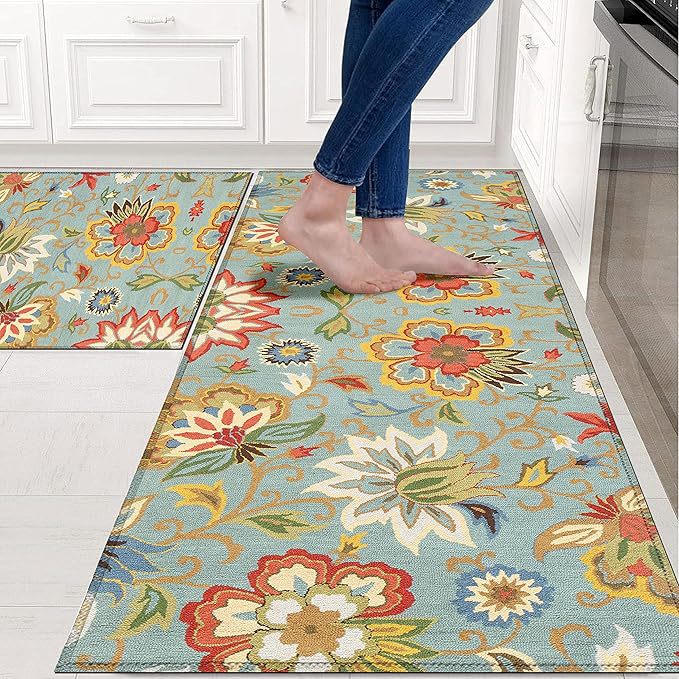 Cartoon Chef Kitchen Rug Set of Two with Non-Slip Backing | Cushioned Runner for Standing at the Counter | 2 Colors
