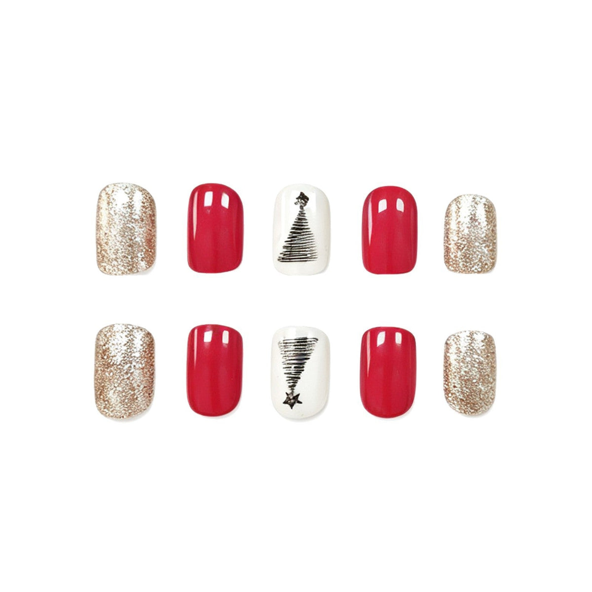 Christmas Tree Nails in Red and Silver Glitter | Press-On Set in Gift-Ready Packaging | Quick Festive Manicure at Home