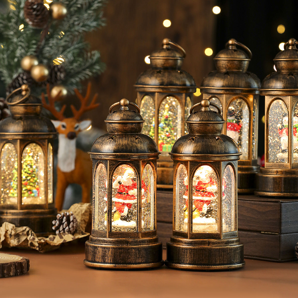 Snow Dusted Lantern with a Mini Christmas Tree and Gifts | Warm LED Lights, Battery Powered | Indoor or Outdoor Tabletop Decor