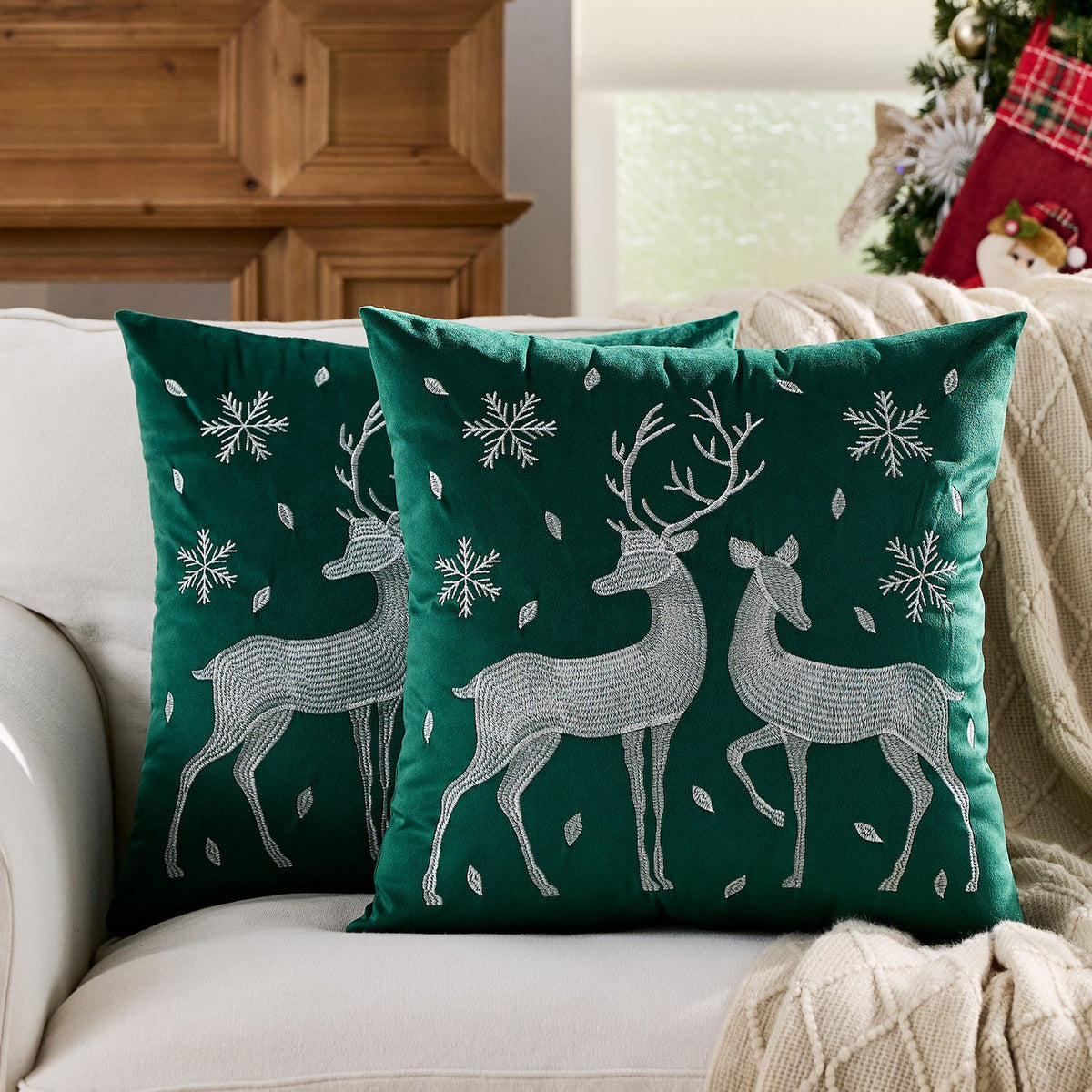 Christmas Living Room Throw Pillow Cover with Deer Silhouette | Removable Case with Discreet Zipper | 42 Designs, 17.72 x 17.72 in