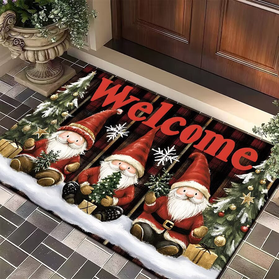 Christmas Door Mat with Santa, Reindeer and Ornaments | Festive Xmas Welcome Rug for the Porch | Holiday Entrance Decor
