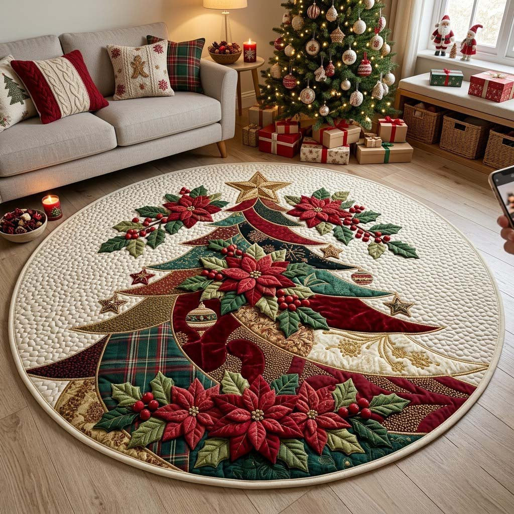 Round Christmas Rug with a Quilted Tree Motif | Soft Underfoot and Easy to Clean | 5 Sizes and 7 Designs