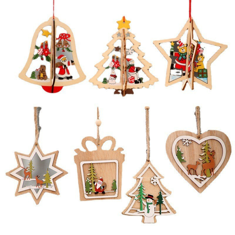 Wooden Christmas Tree Ornaments with Santa and Snowman Art | Red Ribbon for Hanging | Eight Designs for Wall or Table