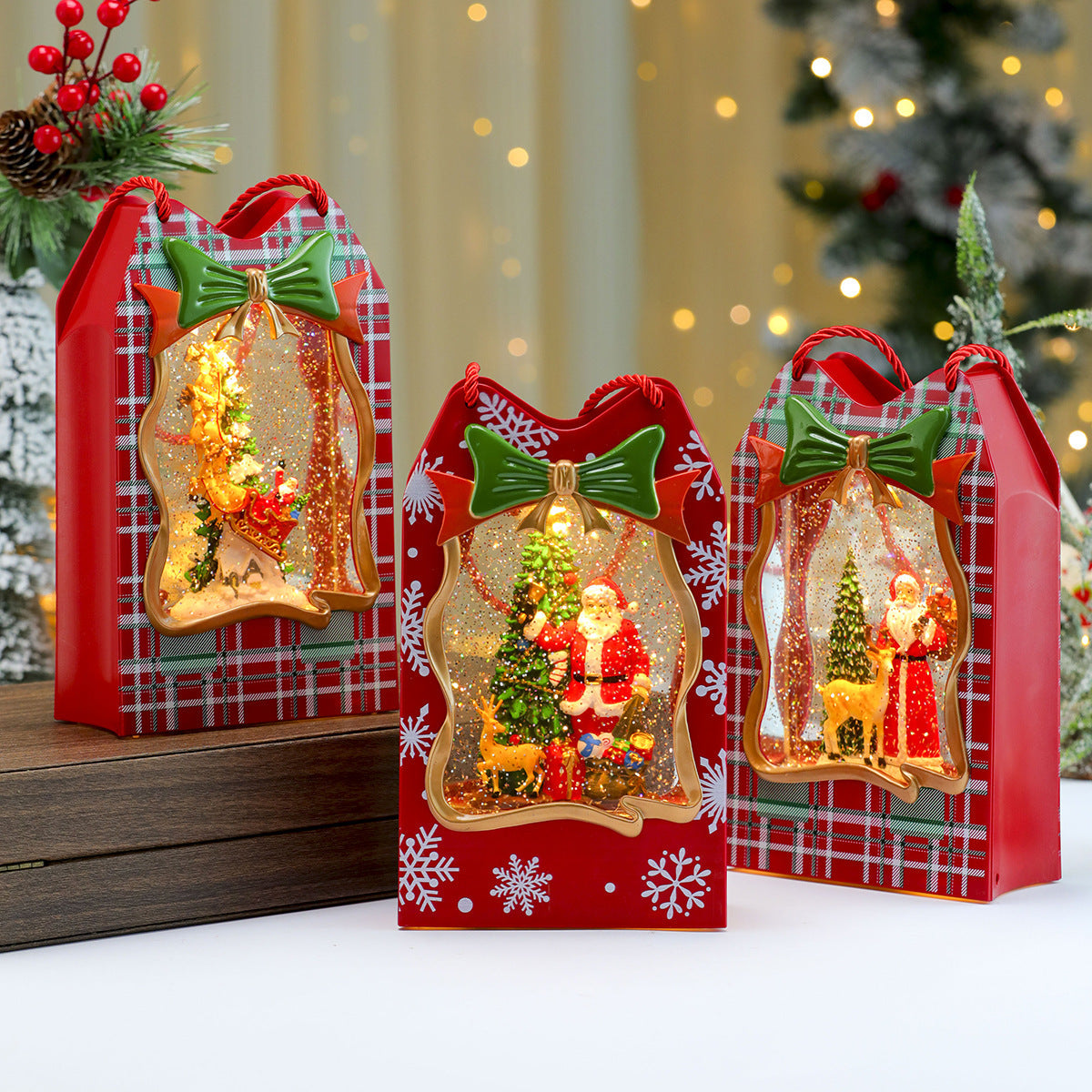 Christmas Gift Bag with a Santa Window Scene | Sturdy Paper with Twisted Handles and Glitter Trim | Doubles as Table Decorations