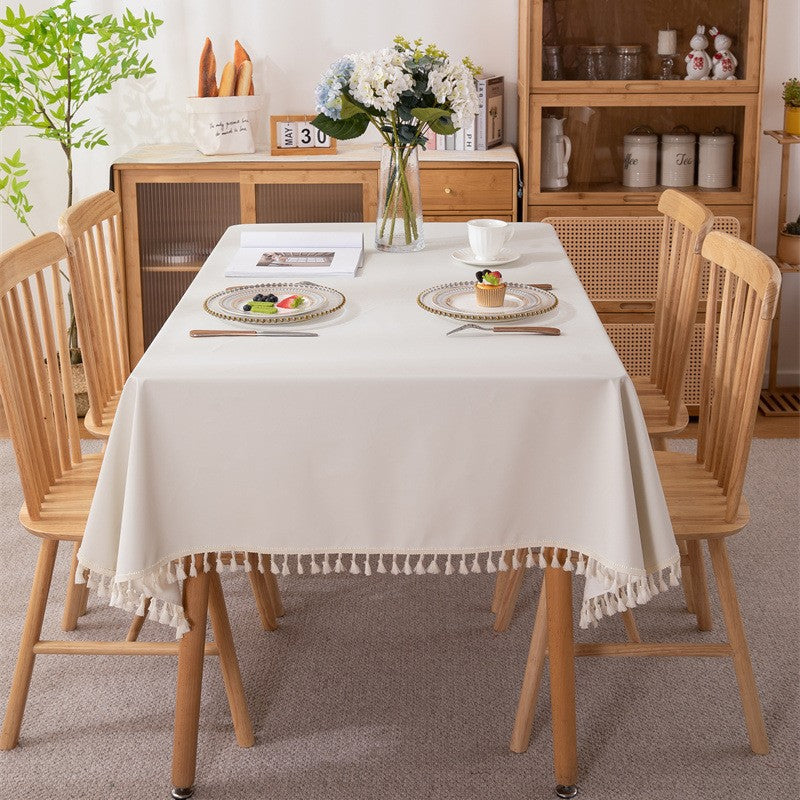 Tassel Trimmed Tablecloth in Plain White or Green | Stain Resistant Washable Fabric | 55 x 55 in