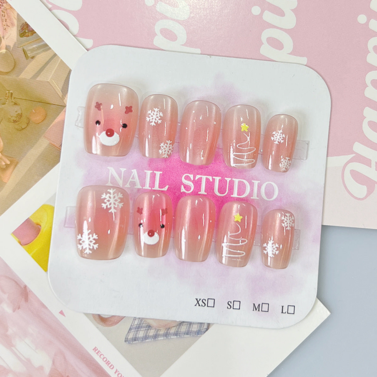 Reindeer Christmas Nails with Snowflake and Tree Motifs | Press On Fingernails in Mixed Sizes | Festive Winter Manicure