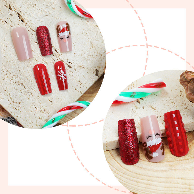 Xmas Nail Designs with Reindeer and Snowflakes | Press On Nails in Blue | Festive Christmas Manicure for Holiday Photos