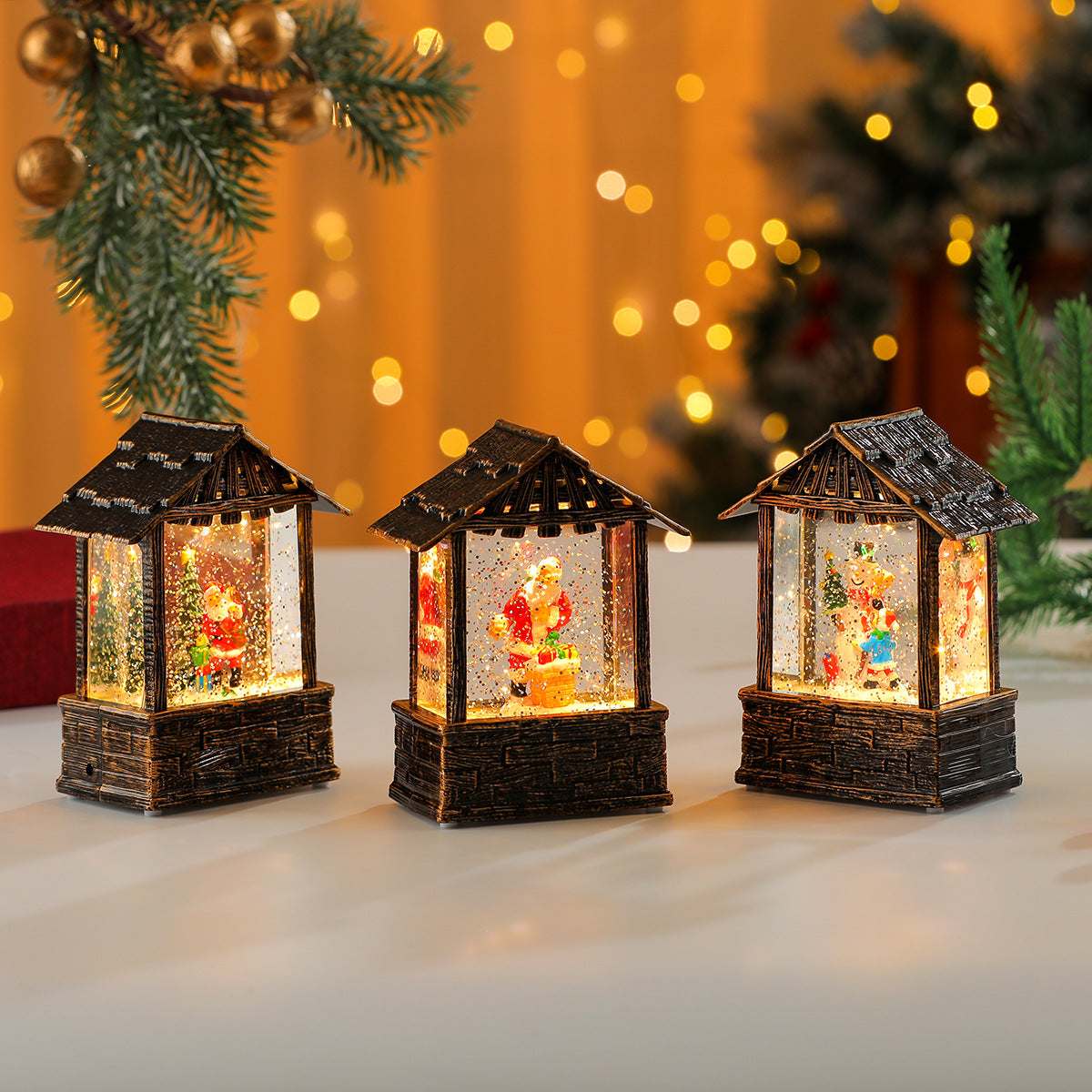 Wooden Lantern with Soft Christmas Lights | Lit Santa Scene and Snowflake Detail | Easy On Off Switch for Tabletop Decor