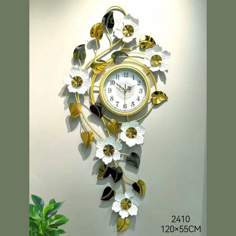 Floral Metal Wall Clock with Gold and White Blossoms | Decorative Art Piece with an Easy-Read Dial | 43 x 22 in