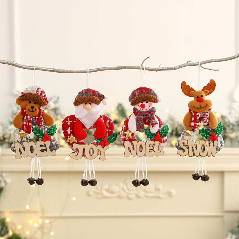 Christmas Plush Figure with a NOEL or JOY Sign | Bear, Santa, Snowman or Reindeer on Legs | 4 Hanging Decorations for a Garland