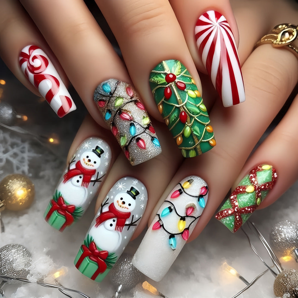 Candy Cane and Snowman Christmas Nails | 24 Glossy Press On Fingernails | Adhesive Tabs for Festive Winter Parties