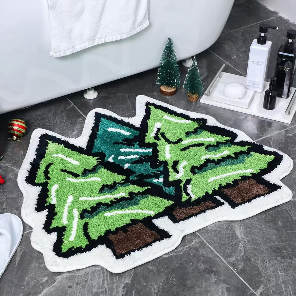 Christmas Tree Shaped Rug with Candy Cane and Snowflake Print | Soft Fibers Underfoot | Living Room and Entryway Mat