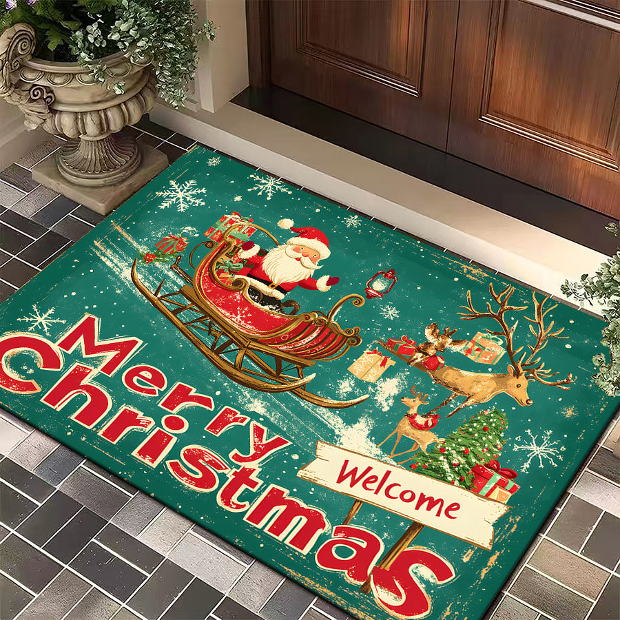 Christmas Door Mat with a Dog in a Festive Jumper | Red Welcome Rug for Entryways | Durable Weave in Several Sizes