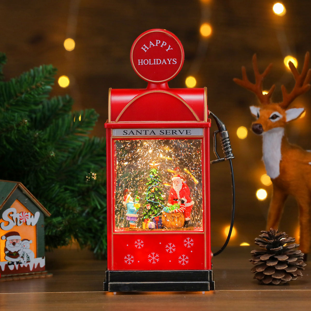 Santa Scene Lantern with Warm Christmas Lights | Battery Operated Tabletop Decor | Vintage Style and a Snowy Backdrop