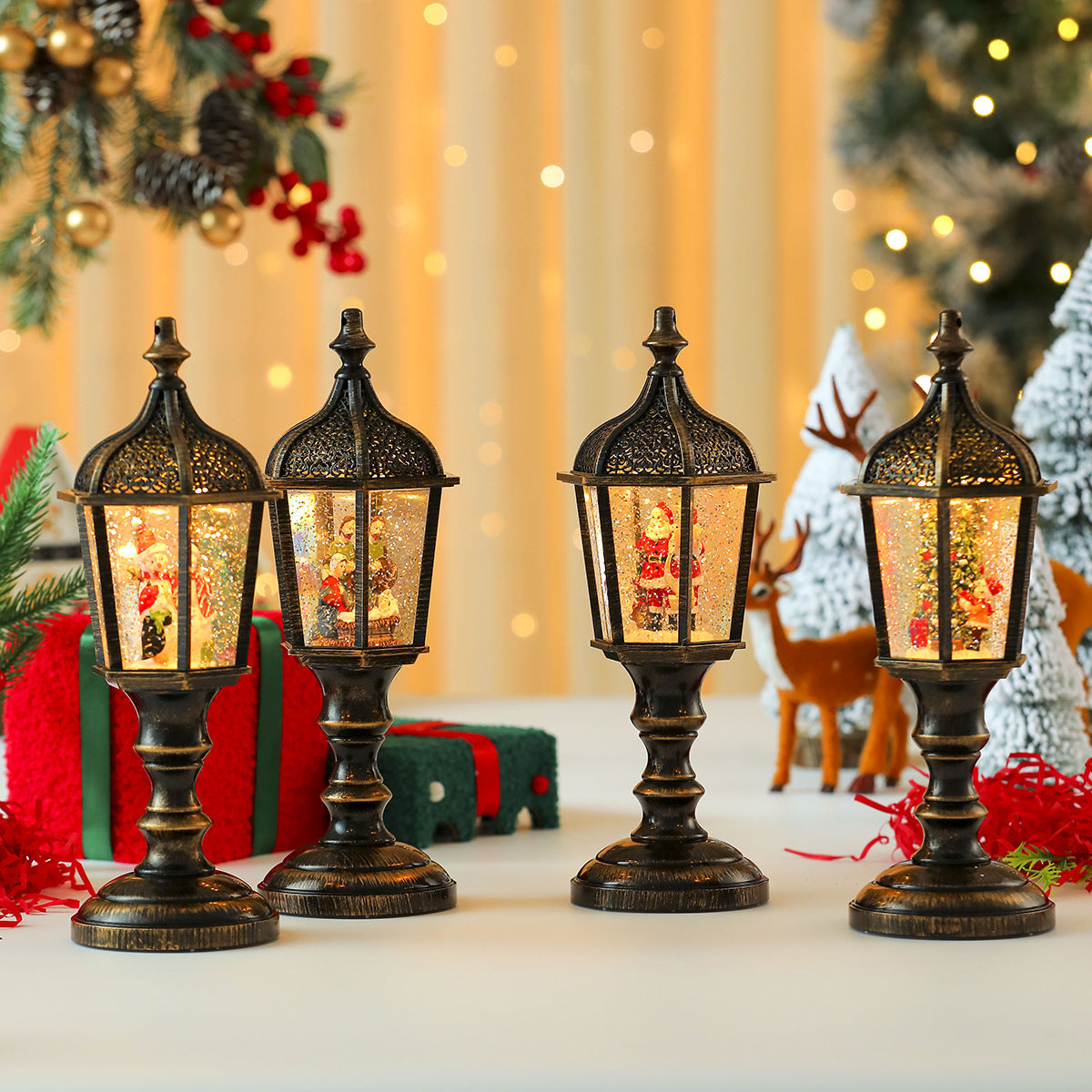 Street Lamp Style Christmas Lanterns with a Santa Scene | Detailed Winter Landscape Inside | Lightweight and Easy to Move