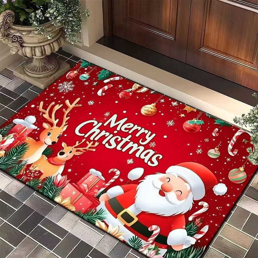 Christmas Door Mat with Bells, Holly and Red Bow Print | Durable Low Profile Entrance Rug | Three Sizes, Five Festive Designs