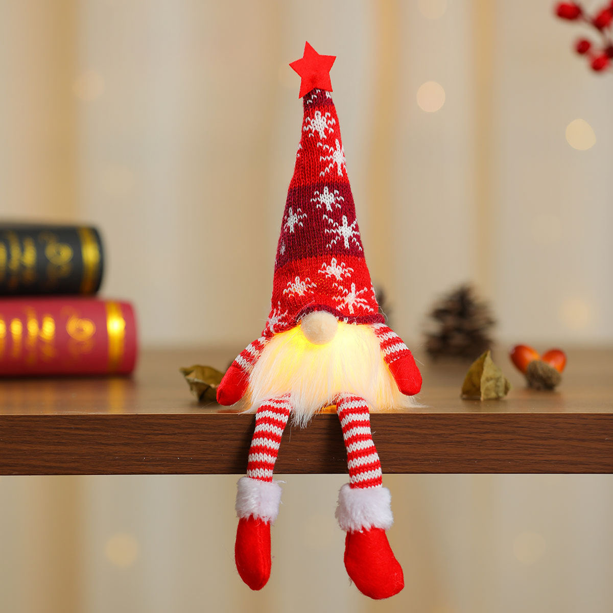 Knitted Gnome Figurine with a Snowflake Hat and Star Top | Shelf and Table Christmas Decorations | Sturdy Yearly Build