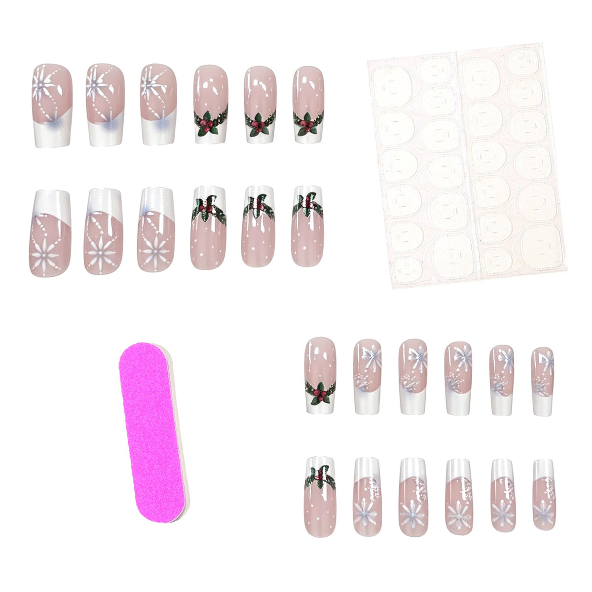 Christmas Press-On Nails with Holly and Red Berry Art | Snowflake Accents on a Nude Base | Chip-Resistant Wear