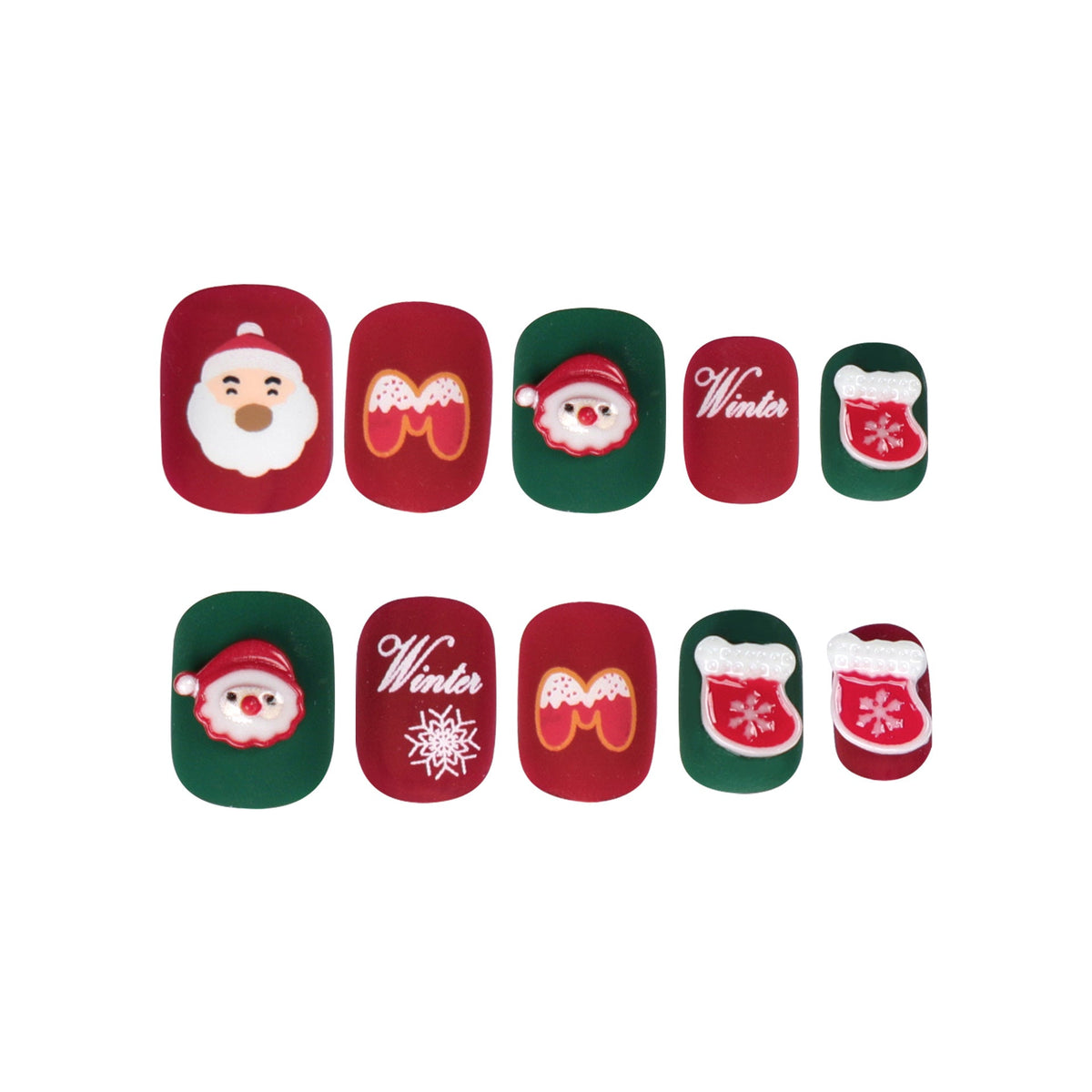 Santa Nails in Red and Green | Festive Press On Tips with Snowflake Accents | Short Square Shape for Holiday Parties