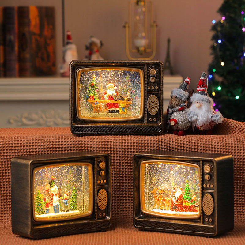 LED Lantern with a Santa Figurine Holding a Fir Tree | Shimmering Glitter Around the Scene | Warm Christmas Tabletop Light