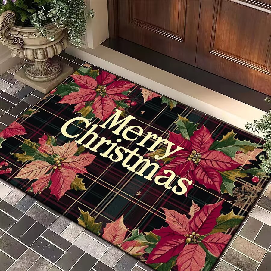 Christmas Door Mat with Santa, Reindeer and Ornaments | Festive Xmas Welcome Rug for the Porch | Holiday Entrance Decor
