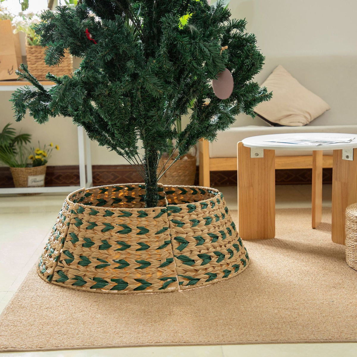 Woven Christmas Tree Stand Cover in Natural Fibres | Rustic Xmas Basket for the Base in Red or Green | Festive Decor