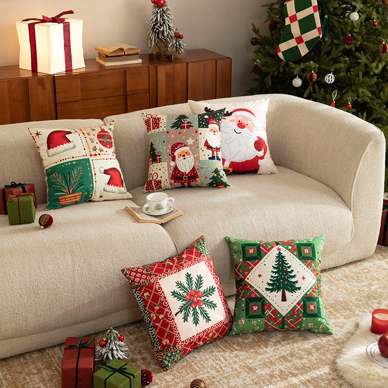 Patchwork Pillow Cover for Christmas Decorations with Bauble and Santa Hat Print | Machine Washable, Hidden Zipper | Six Designs
