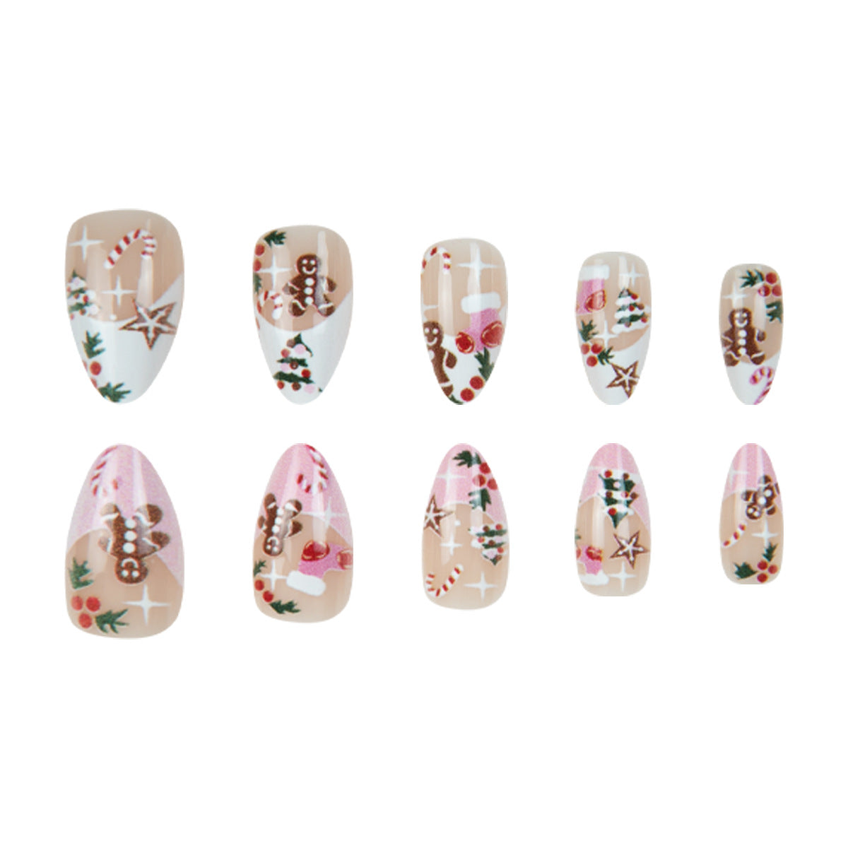 Stiletto Gingerbread Christmas Nails with Candy Cane Art | Press On Nail Set with Adhesive Tabs | Festive Manicure