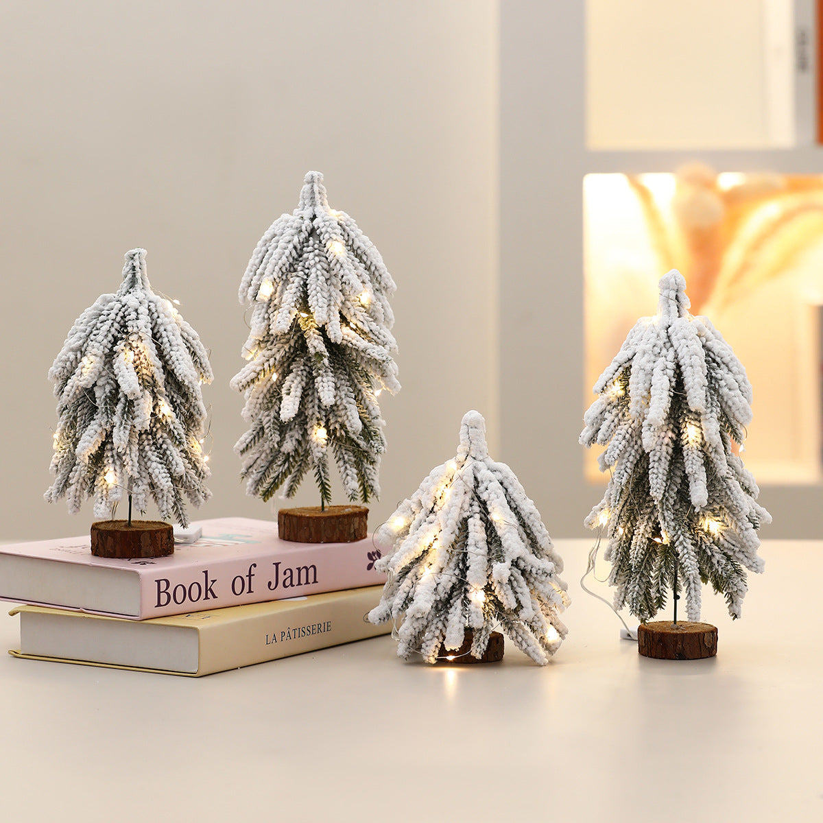 Flocked Christmas Tree Miniatures with Realistic Snowy Branches | Sturdy Wooden Bases | Soft LED Glow for Evening Displays