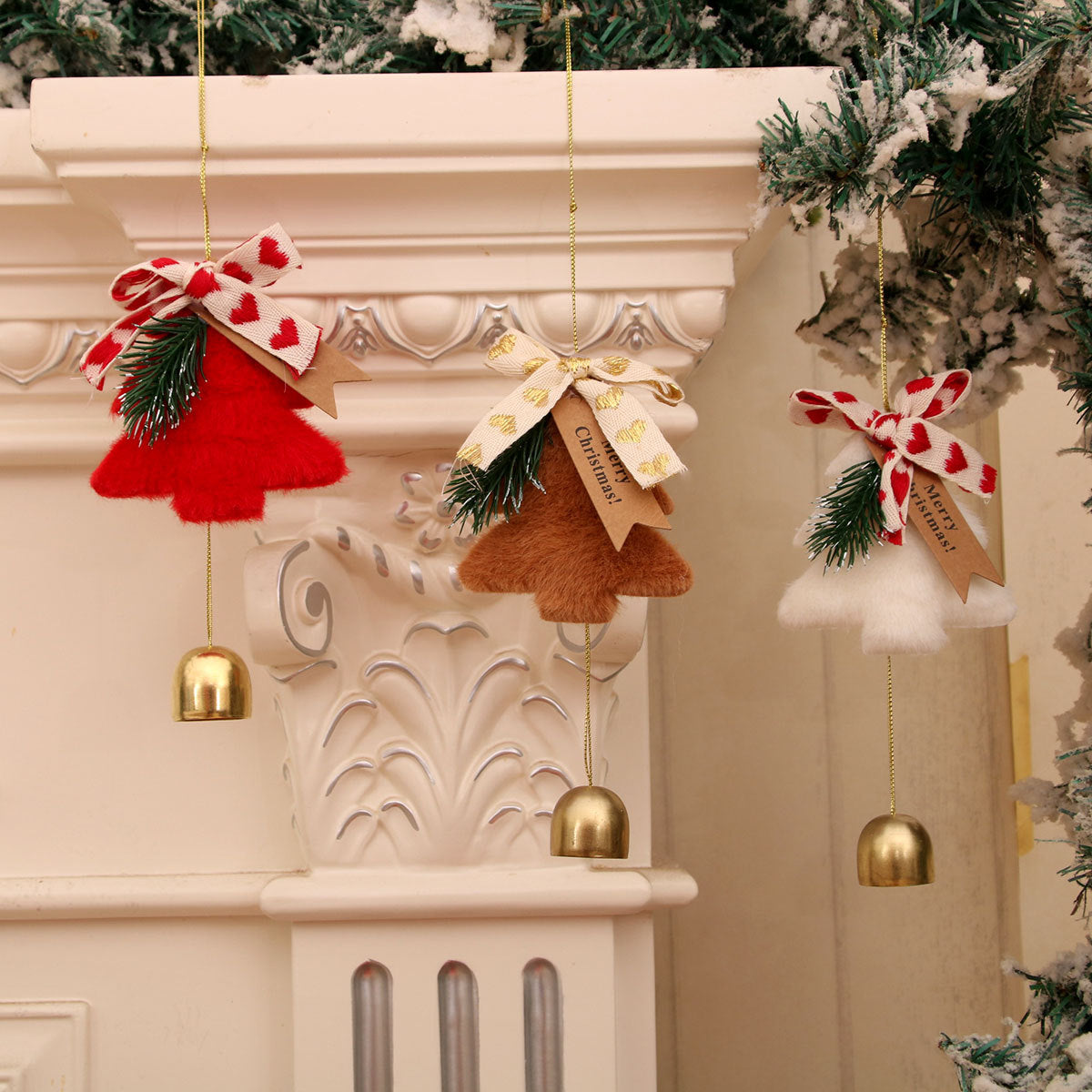 Felt Christmas Tree Ornament with Metal Bell and Merry Greeting | Gold Accent Ribbon and Hanging Cord | Door or Mantel Decorations