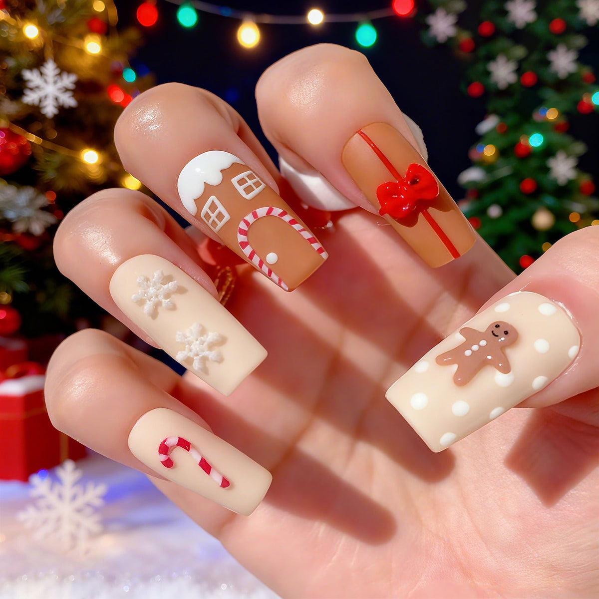 Gingerbread Nails with Candy Cane and Bow Art | Long Coffin Tips in Nude and White | Salon Quality Finish at Home