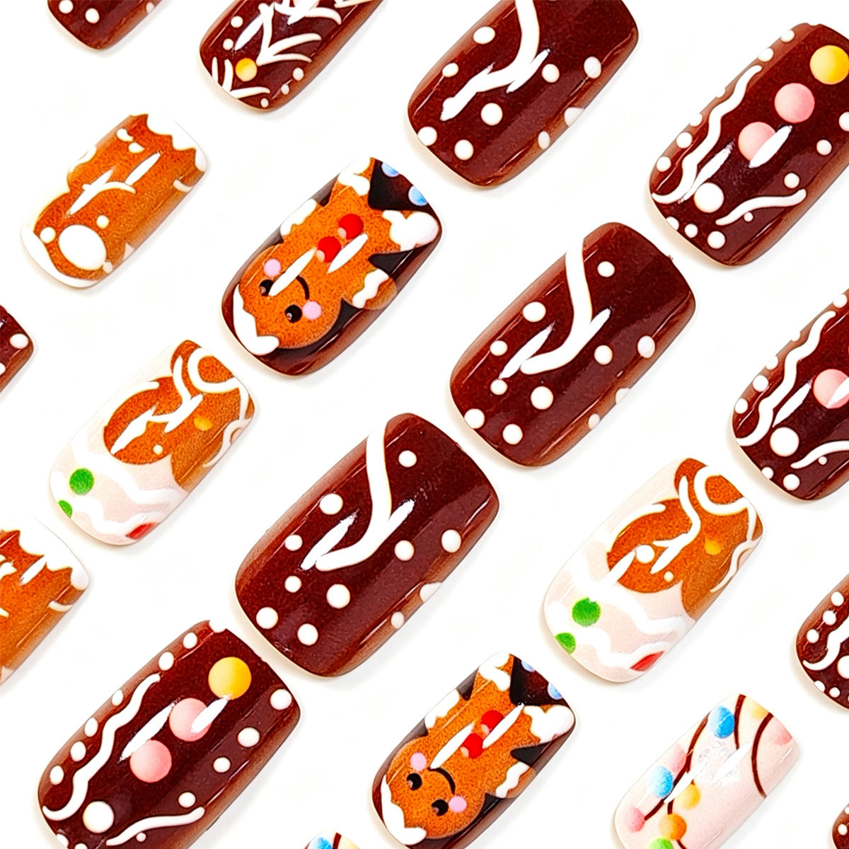 Gingerbread Christmas Nails in Mixed Sizes | Festive Press On Nail Set with Adhesive Tabs | Easy Manicure for Parties