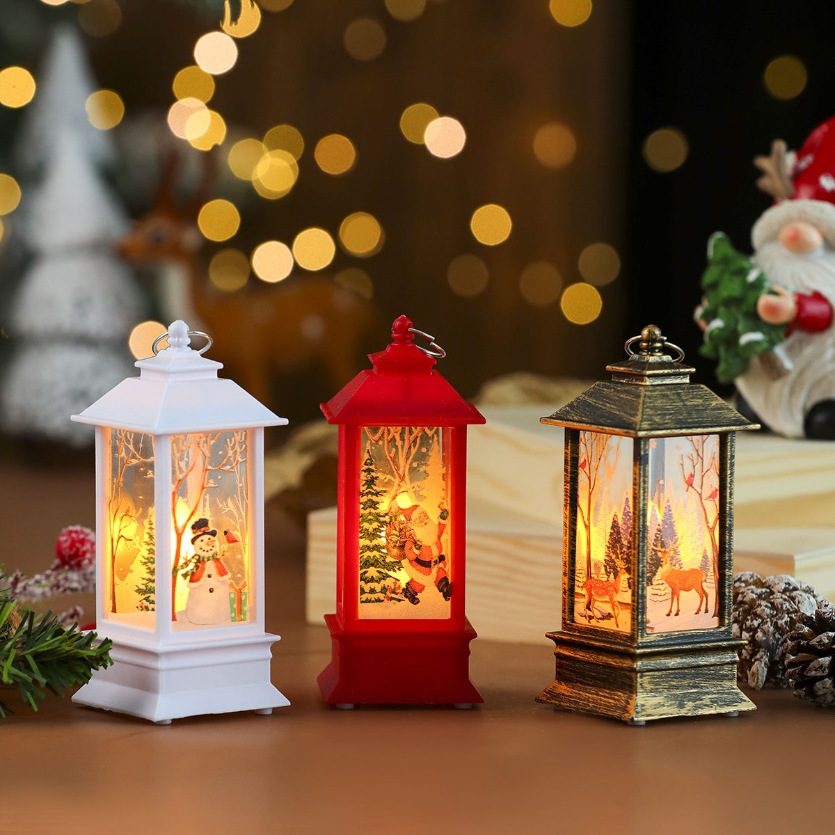 Snowman Scene Christmas Decorations in a Small Flame Lantern | Glittering Trees Around the Figure | Soft Glow for Tabletops