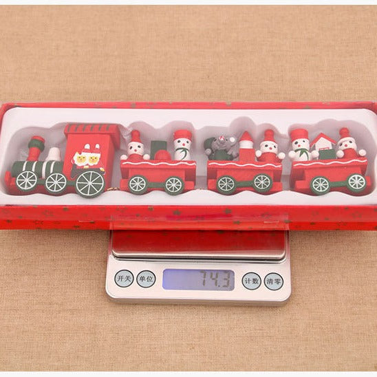 Wooden Train Christmas Ornaments with Gingerbread Passenger | Candy Cane and Fir Tree Details, Hanging Loop | Four Colorful Designs