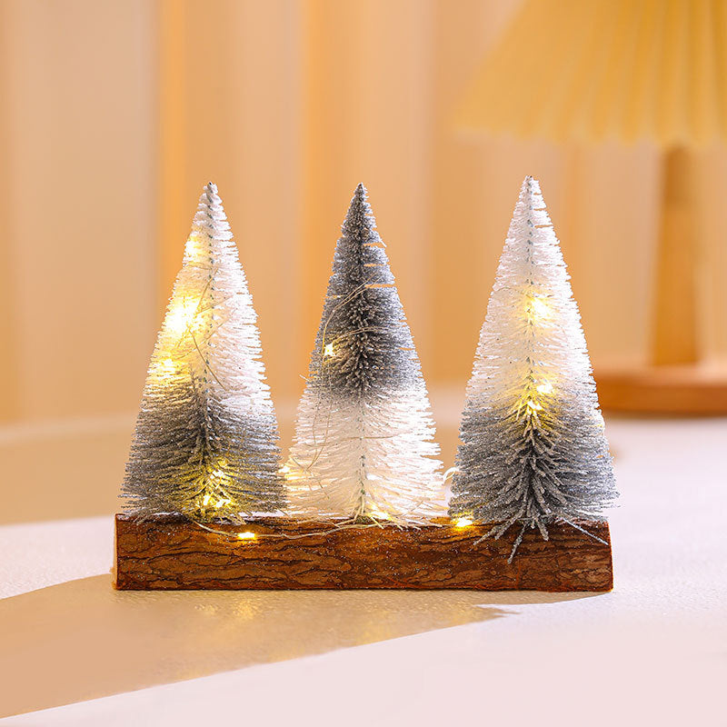 Artificial Christmas Trees on a Wooden Base with Sparkling LED Lights | Battery Powered Tabletop Set | Green, Orange or Silver