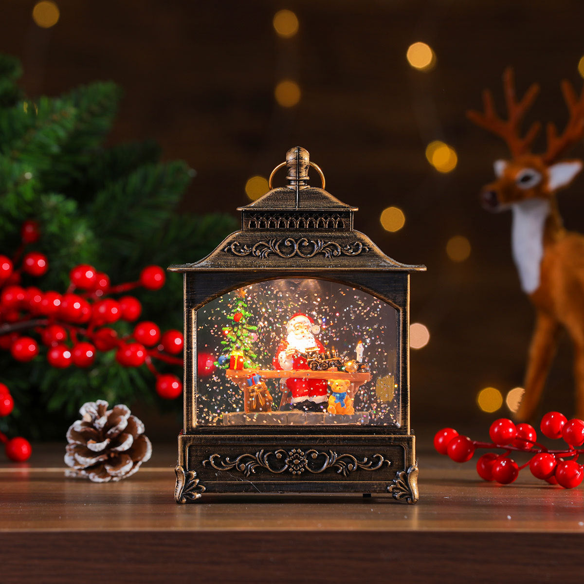 Musical Christmas Lanterns with a Santa and Reindeer Scene | Plays Classic Holiday Melodies | 12 in Tall Painted Tabletop Light