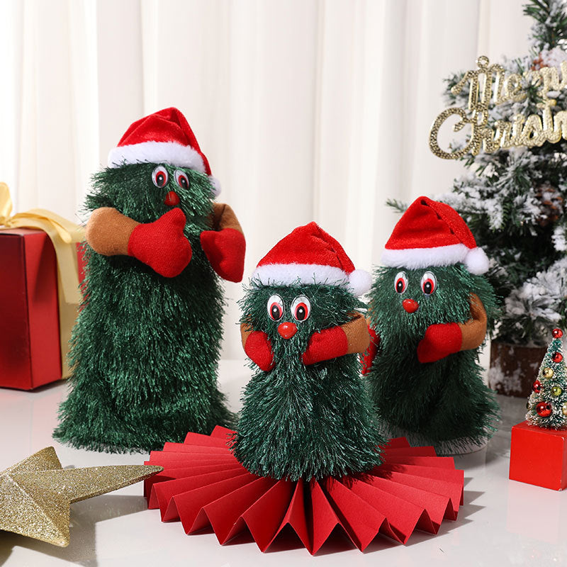 Plush Christmas Tree Figurines with Santa Hat and Red Mittens | Tabletop and Mantel Decor | Three Playful Designs