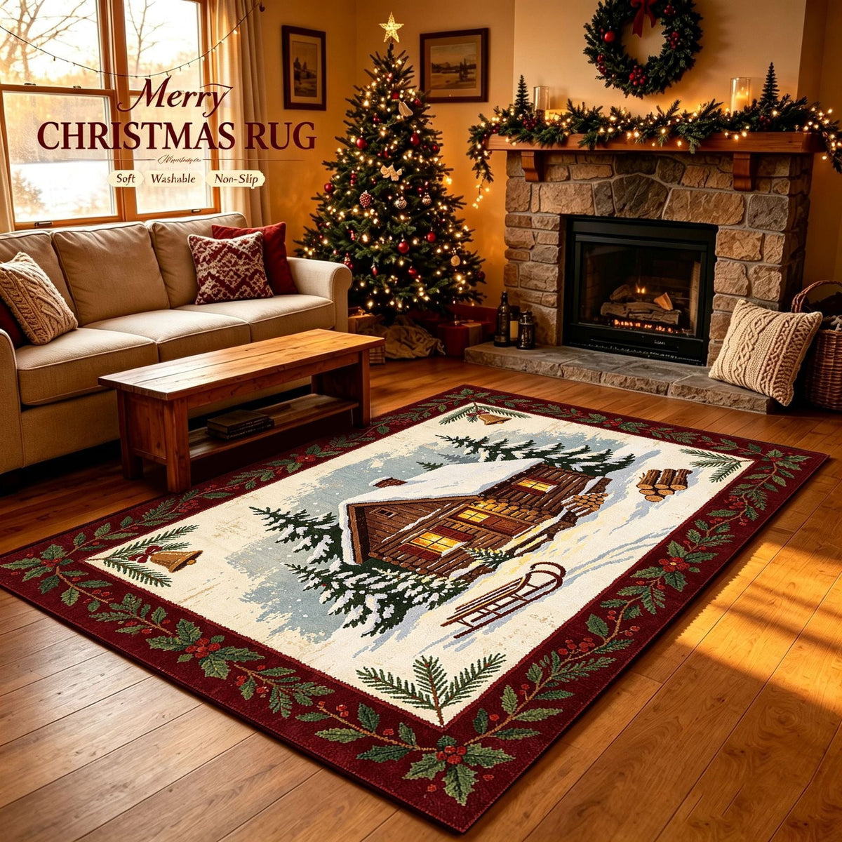 Christmas Area Rug with Snowflake and Pine Cone Pattern | Plush Soft Pile, Non-Slip Backing | Washable Holiday Floor Decor