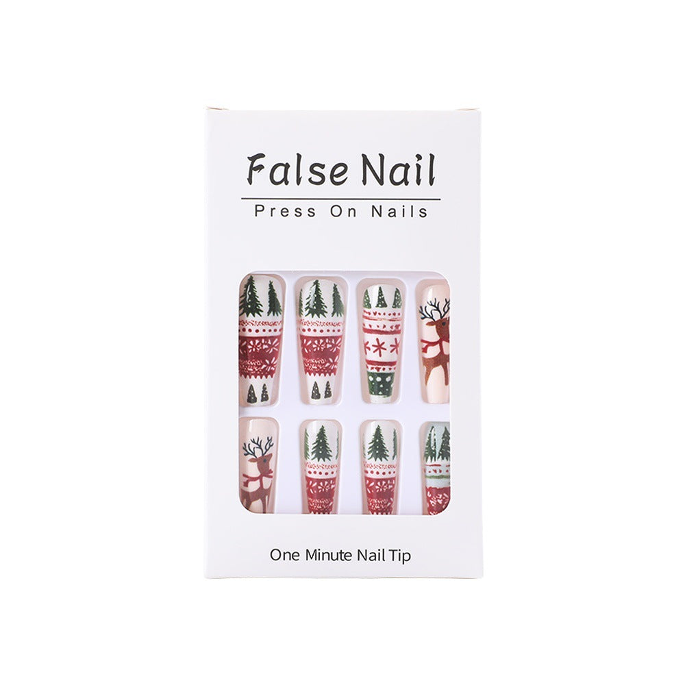 Christmas Fingernails with Tree and Reindeer Motifs | Set of 24 Press On Nails in White | Festive Xmas Manicure Kit