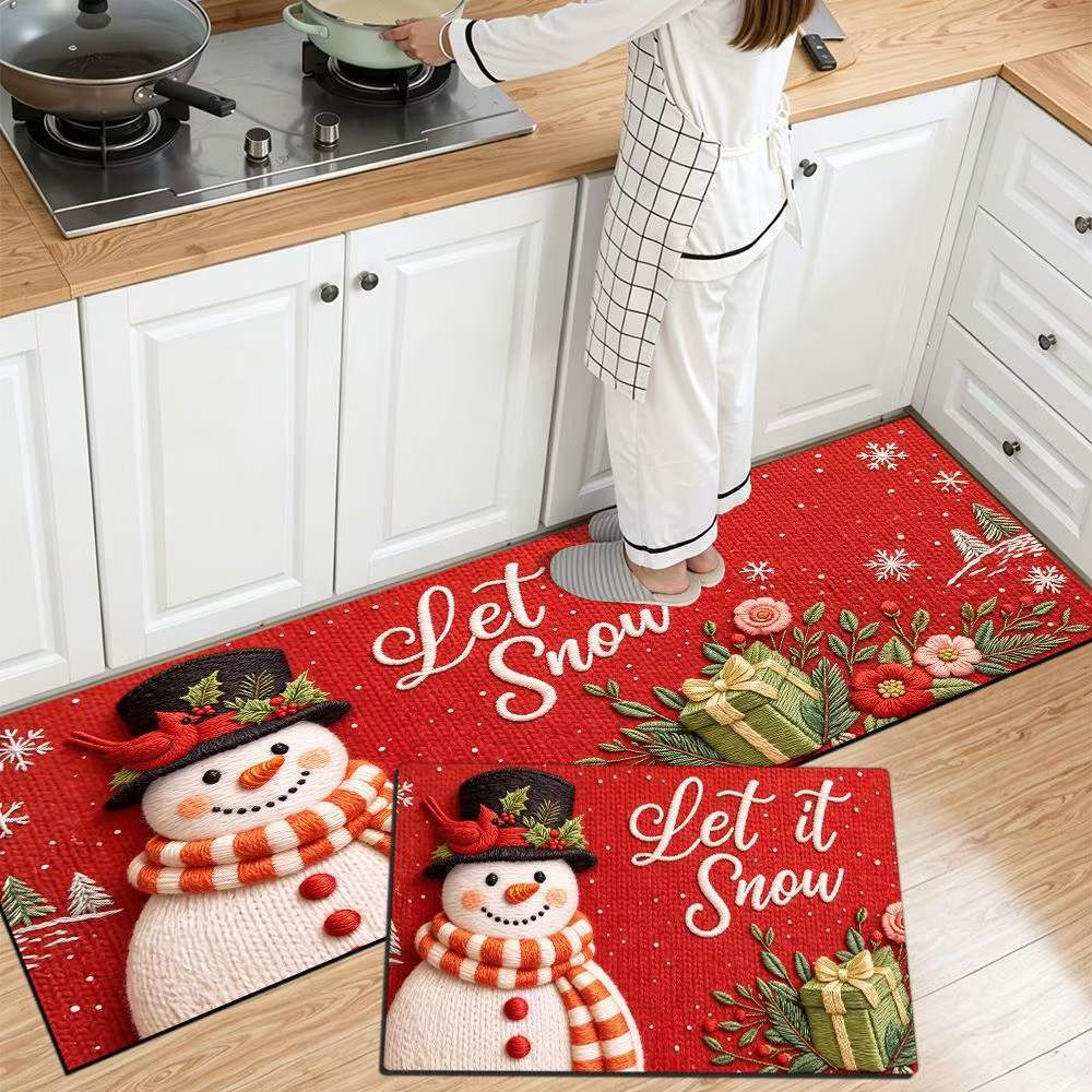 Christmas Kitchen Runner with Tree and Ornament Print | Cushioned Non-Slip Indoor Mat | Festive Floor Decor for Sink and Stove