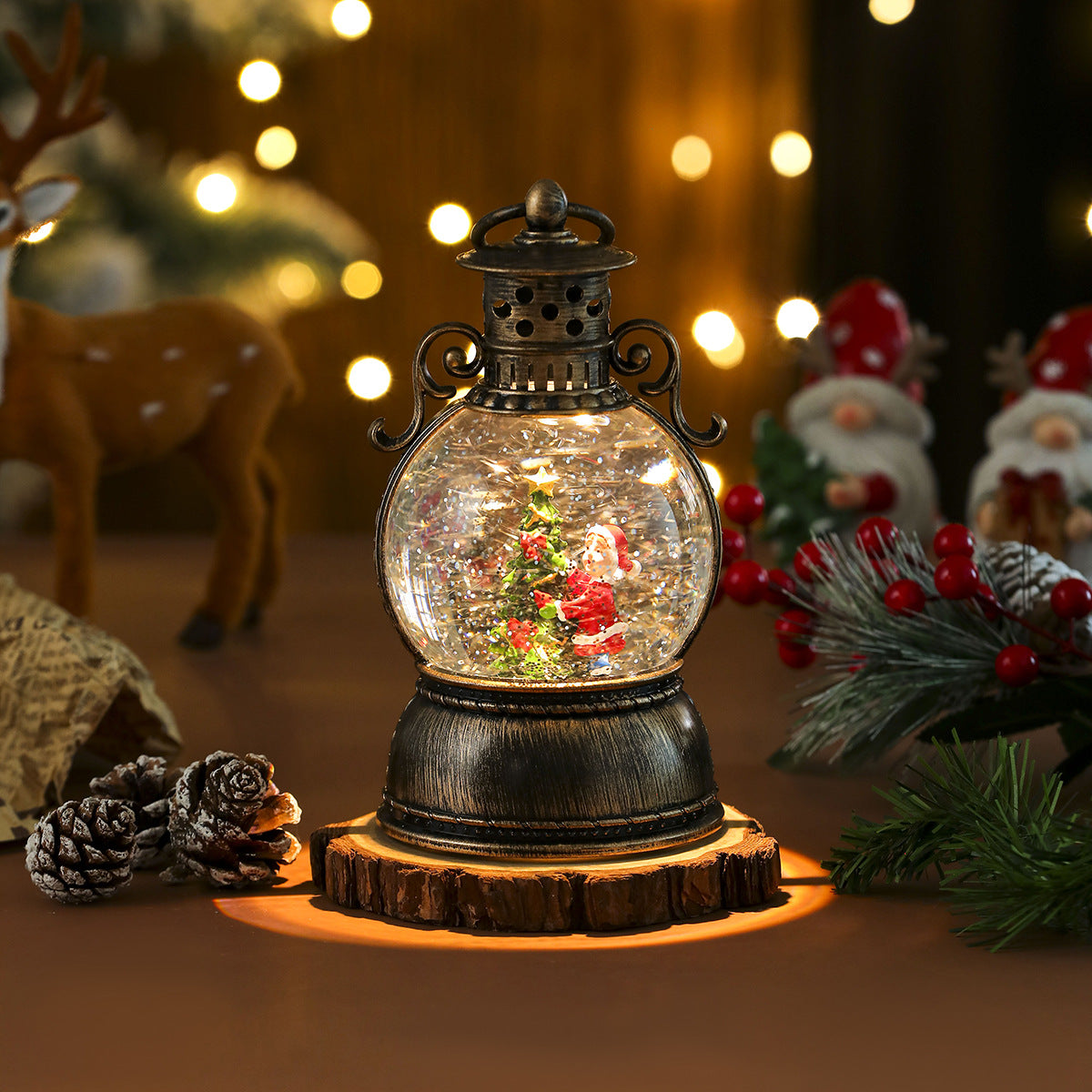 LED Christmas Lights in a Glass Dome Lantern with Santa and a Fir Tree | Warm Candlelight Effect | Battery Powered, No Socket