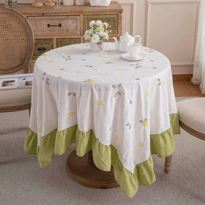 Embroidered Floral Tablecloth with Ruffled Hem | Machine Washable Table Cover for Everyday Dining | 59 x 39 in